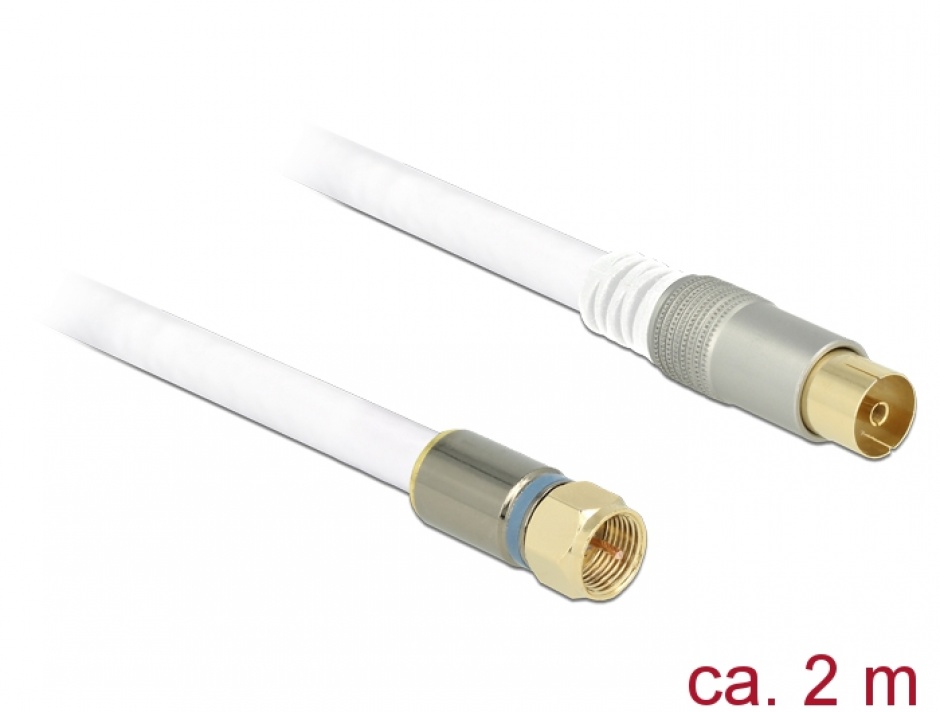 Imagine Cablu antena F Plug la IEC Jack RG-6/U 2m Premium Alb, Delock 89400